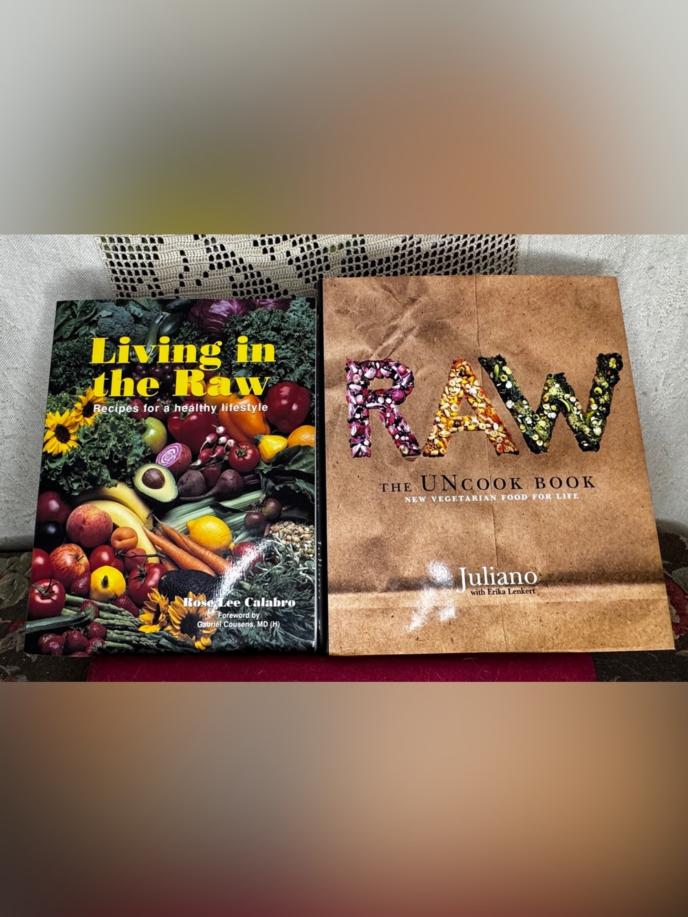 Lot of 2 Raw Food Cookbooks: Living in the Raw (SC) & RAW The UNcook Book (HC)